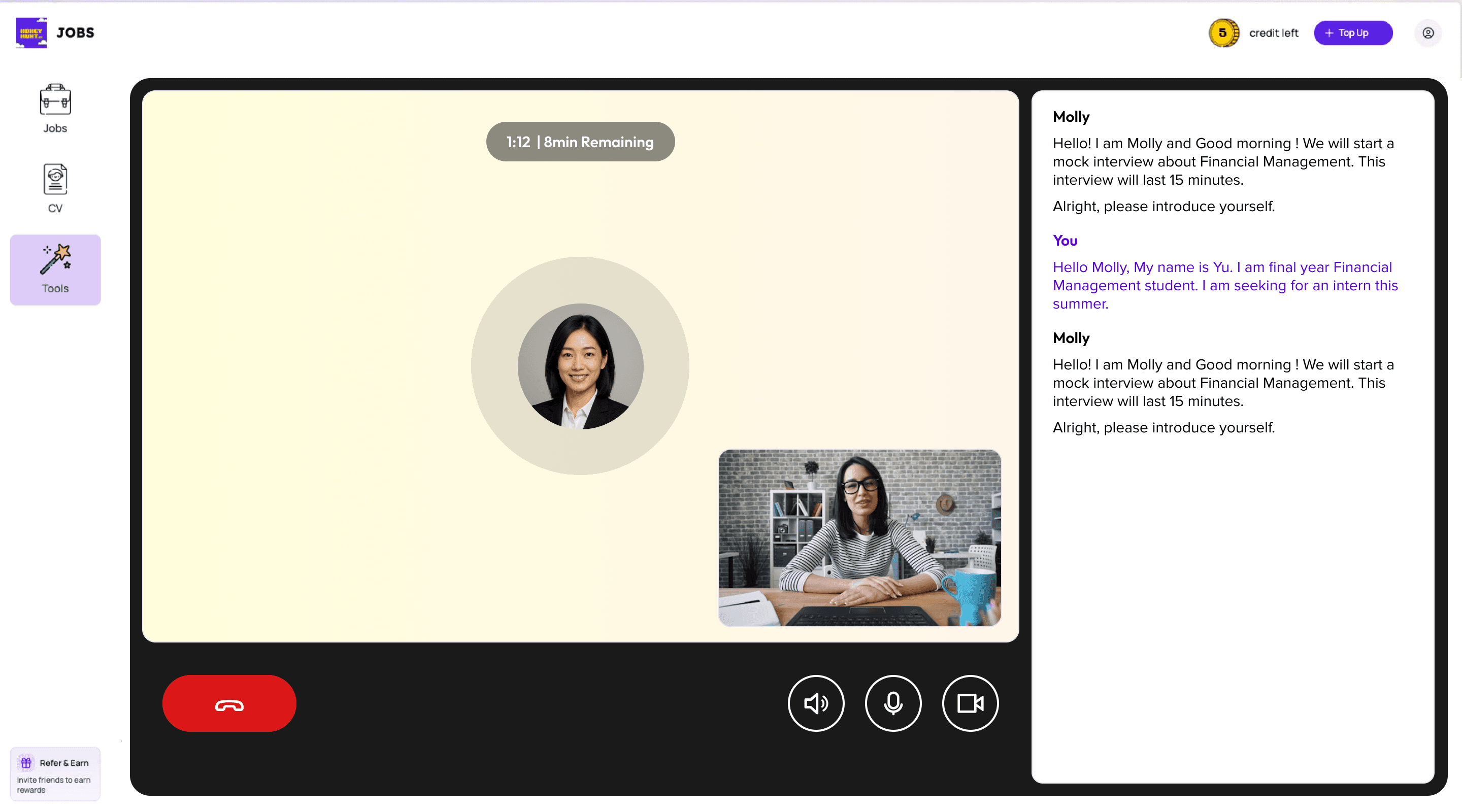 Preview of Honeyhunt AI interview session